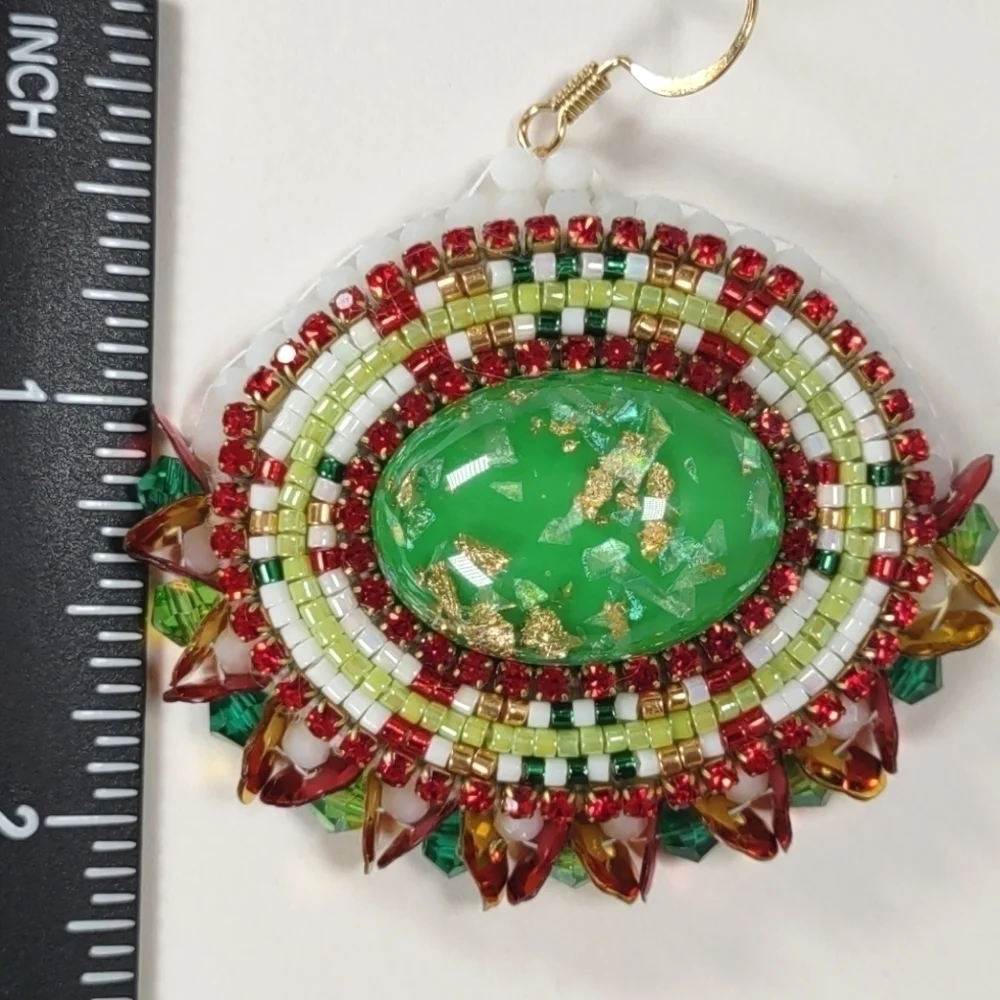 Handmade Beaded Oval With Green Accents Christmas Themed Fishhook Post Earrings